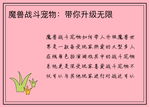 魔兽战斗宠物：带你升级无限